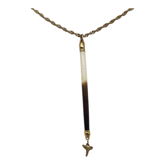 Porcupine Quill Pendant Necklace Gold Plated Ends & Shark Tooth Charm on Chain